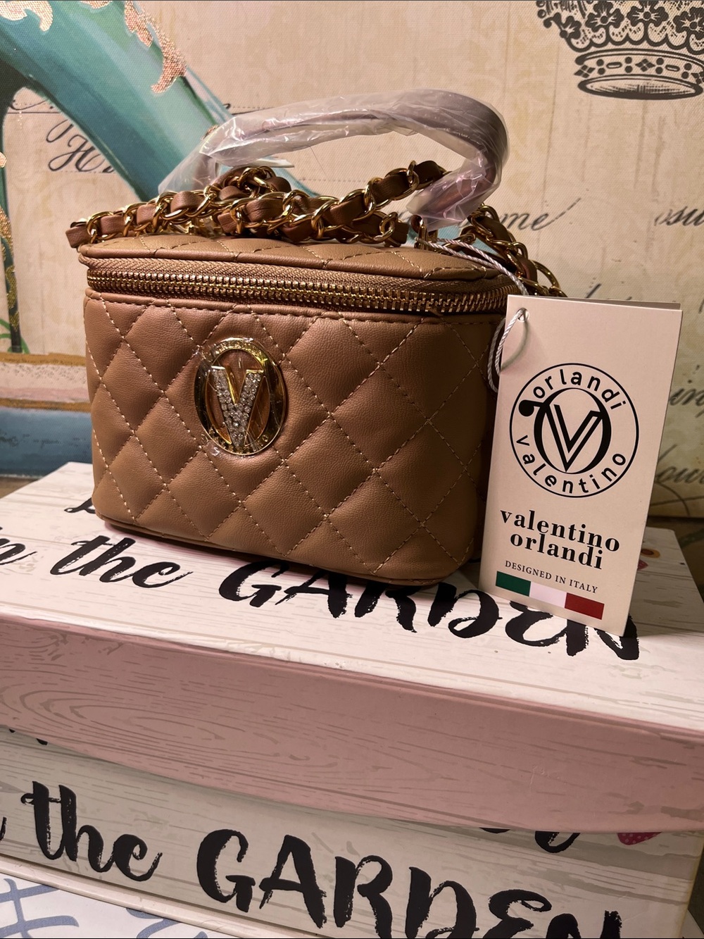Valentino Orlandi Quilted Tan Mini Crossbody with Gold Chain